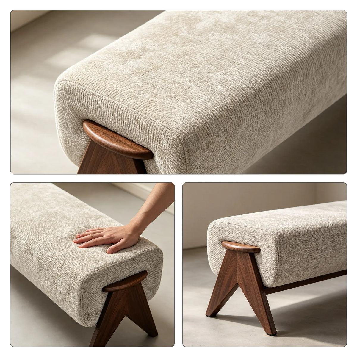 LIVARA Chenille Upholstered Bench High Resilience Cushion Solid Wood Legs 100/140cm for Bedroom Entryway Living Room - Grey