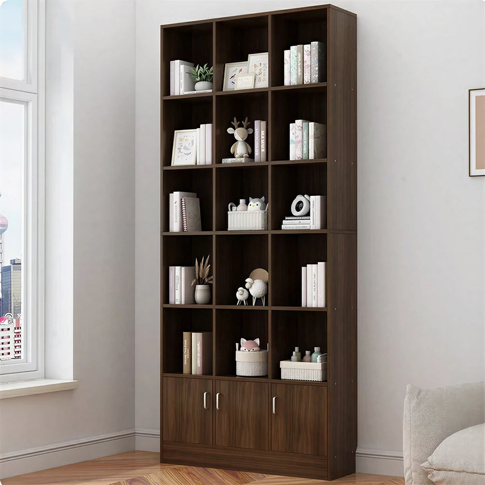 LIVARA Nordic Maple Bookcase 90/105cm - Multi-Tier Storage Cabinet with Doors & Back Panel for Living Room - Walnut