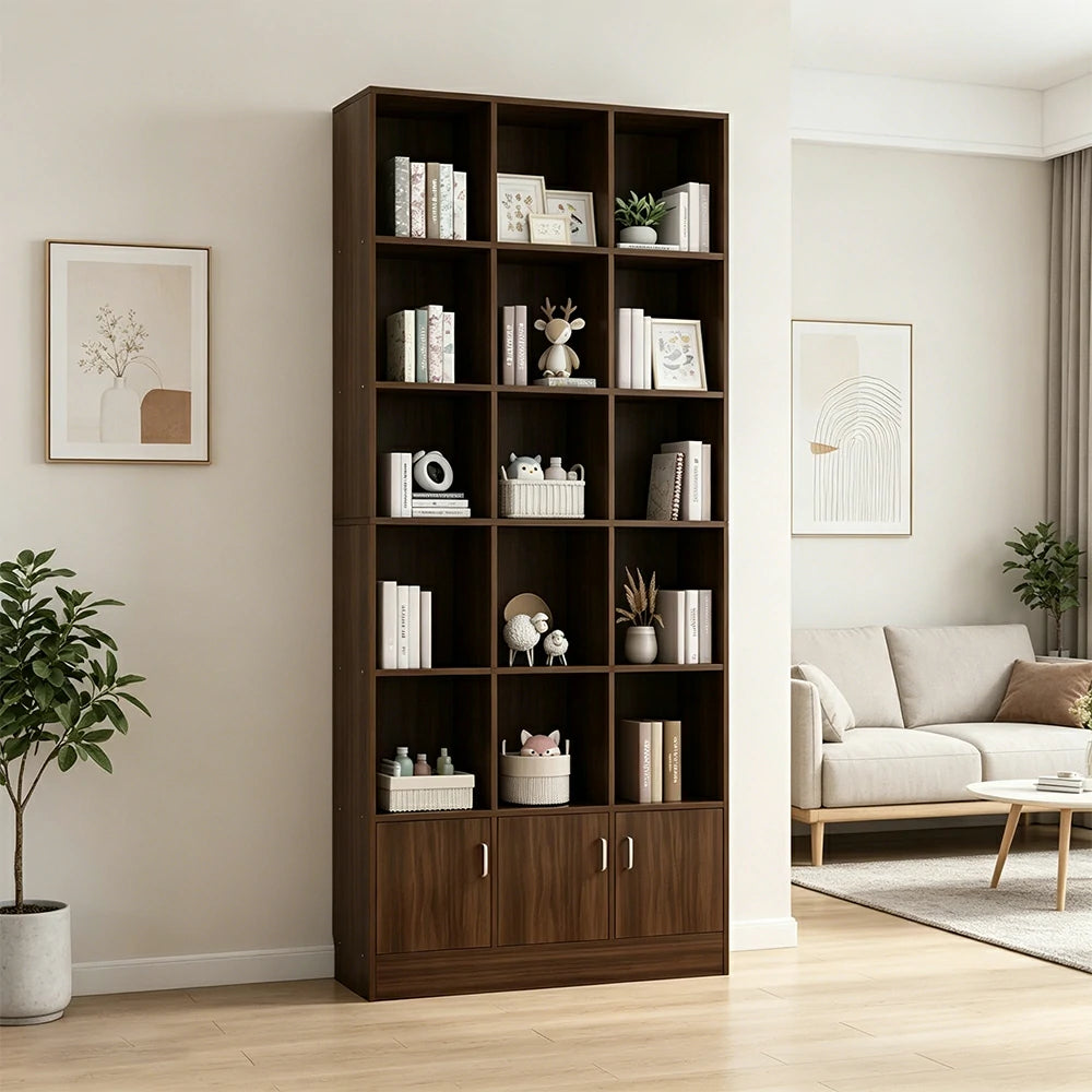 LIVARA Nordic Maple Bookcase 90/105cm - Multi-Tier Storage Cabinet with Doors & Back Panel for Living Room - Walnut