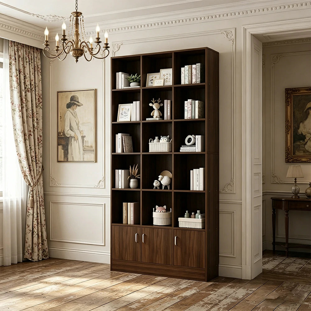 LIVARA Nordic Maple Bookcase 90/105cm - Multi-Tier Storage Cabinet with Doors & Back Panel for Living Room - Walnut