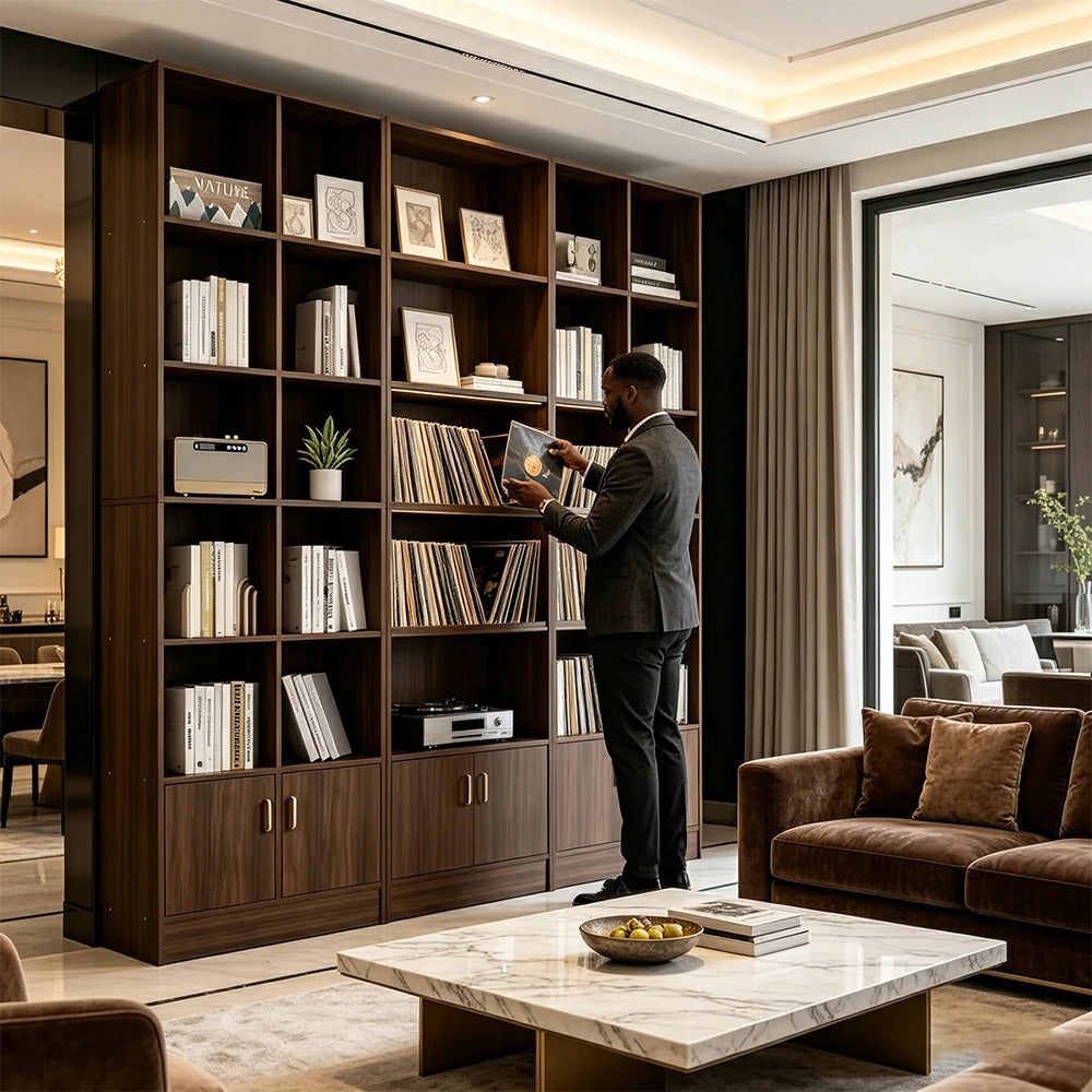 LIVARA Nordic Maple Bookcase 90/105cm - Multi-Tier Storage Cabinet with Doors & Back Panel for Living Room - Walnut