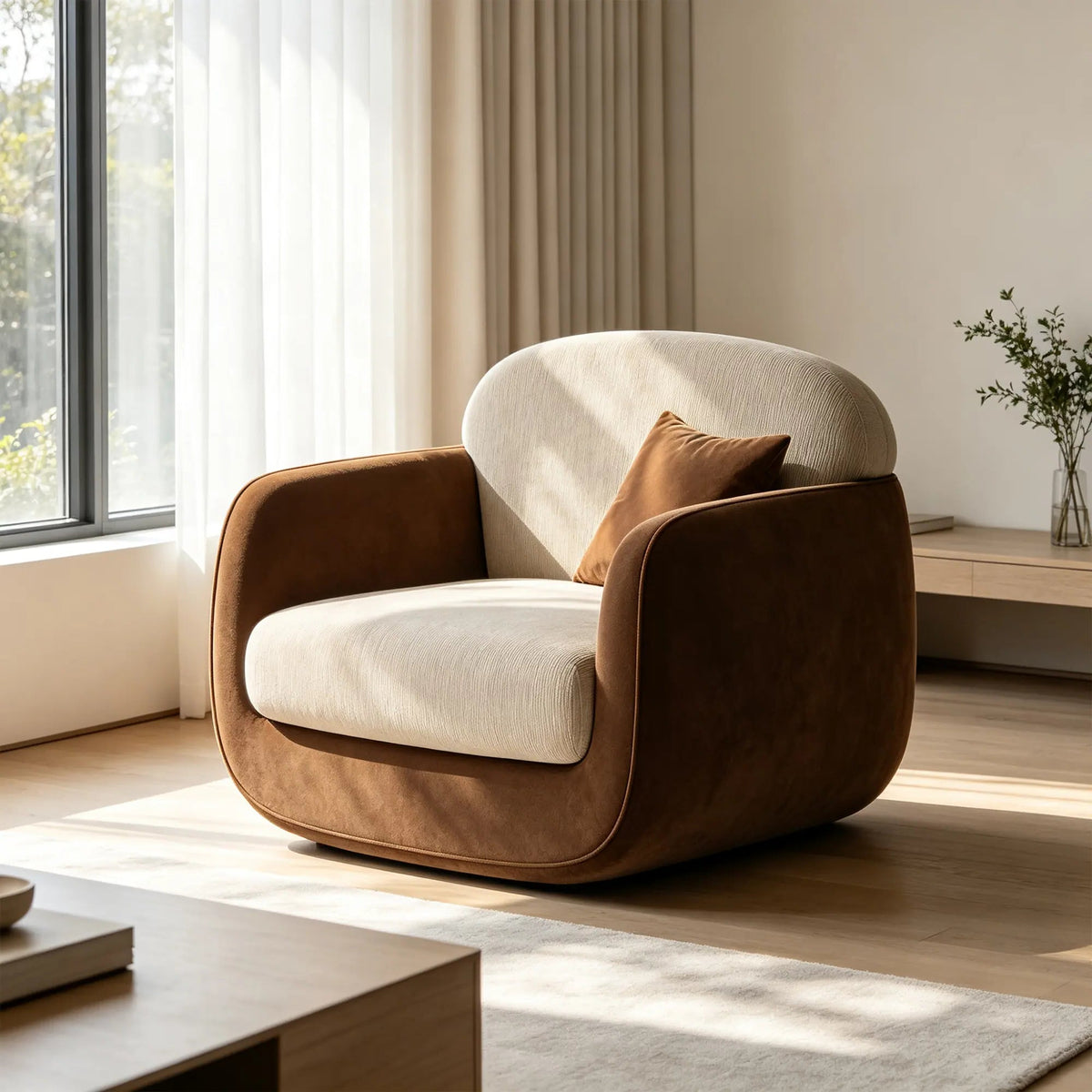 LIVARA Modern Lounge Armchair Dual Texture Upholstery High Rebound Cushioning Solid Wood Frame for Living Room Bedroom Reading Corner - Brown