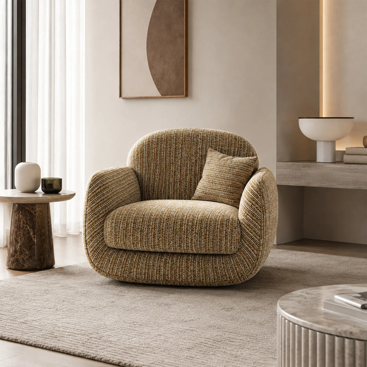 LIVARA Contemporary Accent Chair Curved High Backrest Corduroy Velvet Upholstery Ergonomic Support for Living Room Bedroom Lounge - Brown