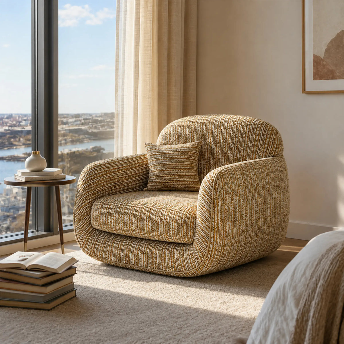 LIVARA Contemporary Accent Chair Curved High Backrest Corduroy Velvet Upholstery Ergonomic Support for Living Room Bedroom Lounge - Brown