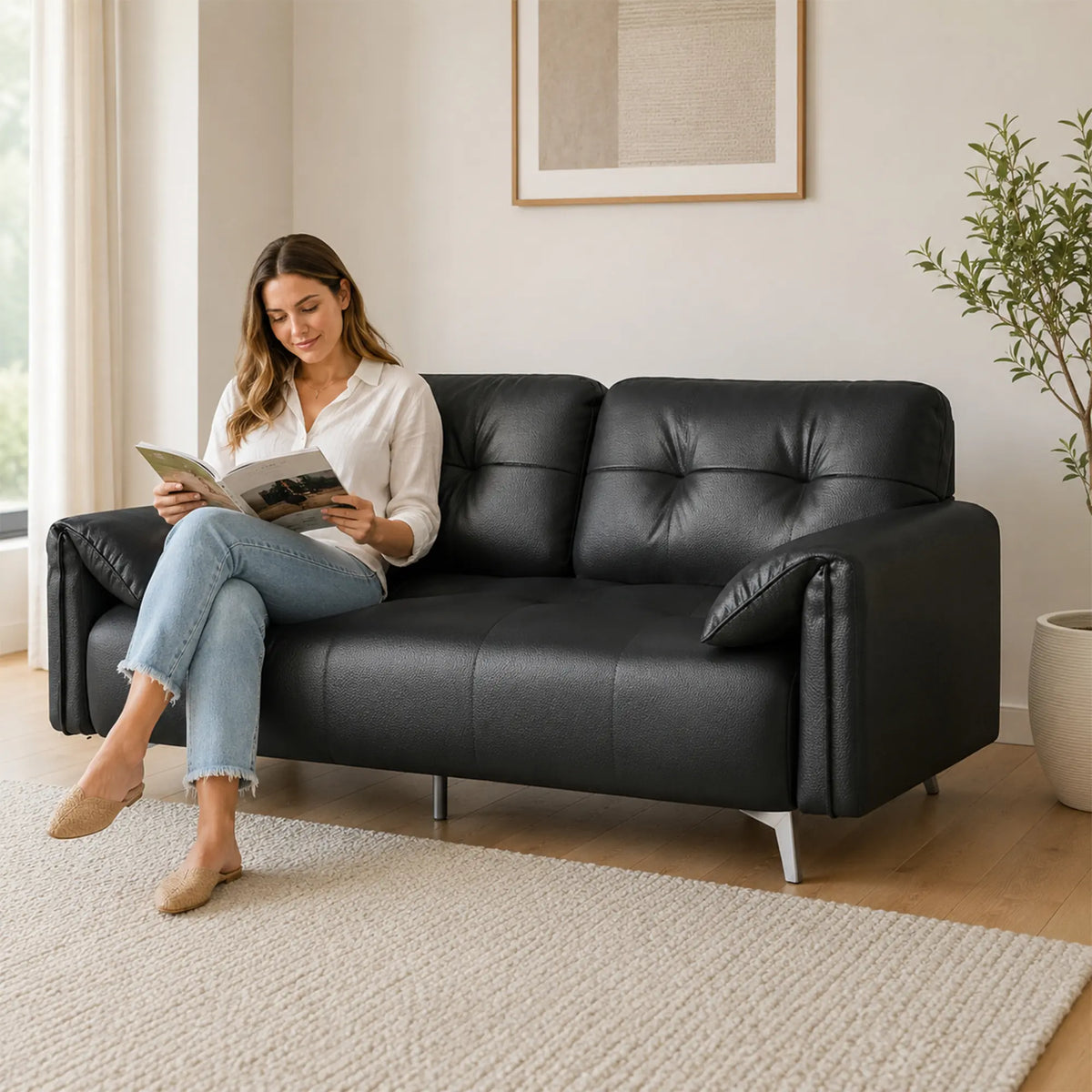 LIVARA Modern Sofa Scratch Resistant Upholstery Spring Seat High Resilience Foam 150/170cm for Living Room Apartment Lounge - Black