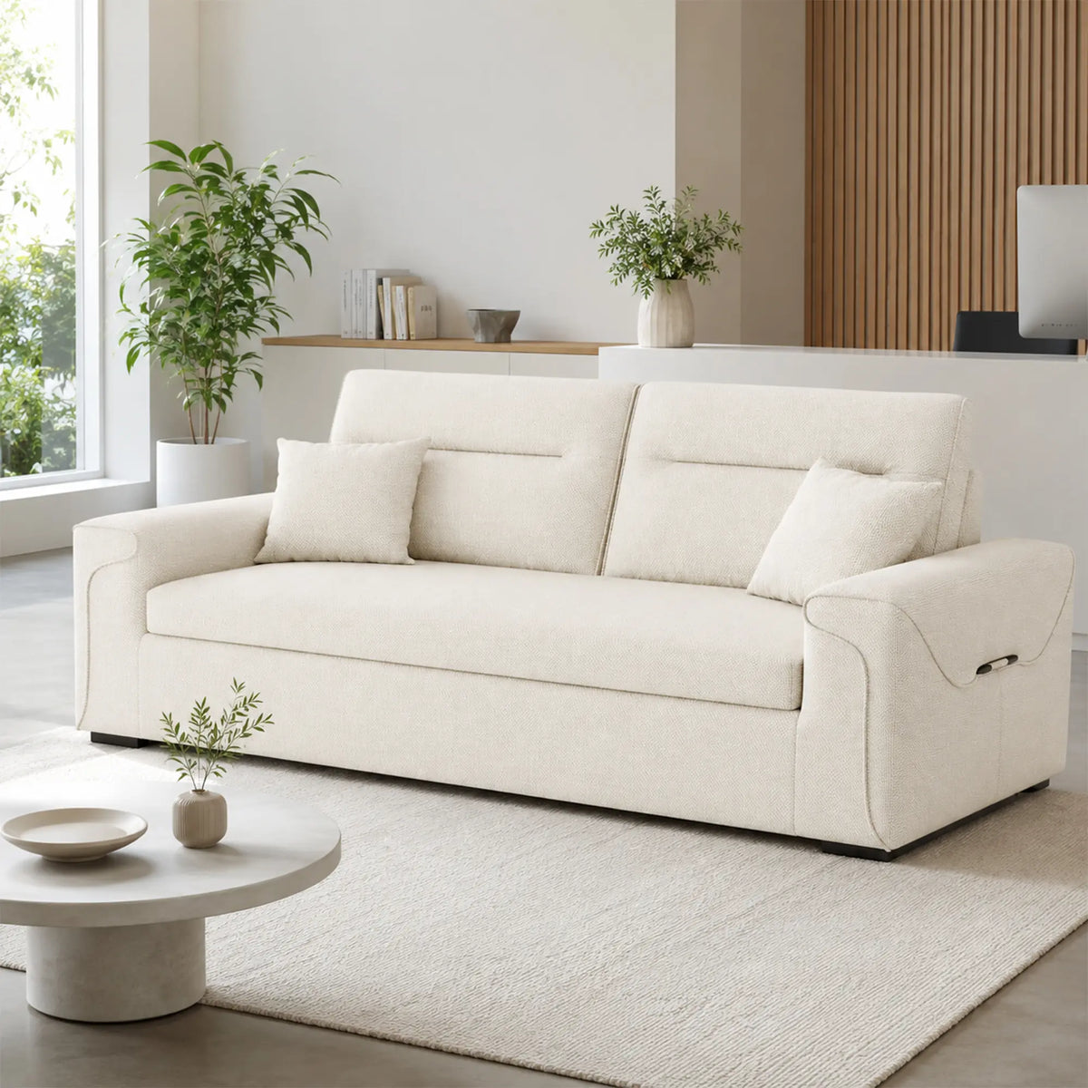 LIVARA Modern Fabric Sofa Cotton Linen Upholstery Latex Cushioning Solid Wood Frame 180/200cm for Living Room Apartment - White