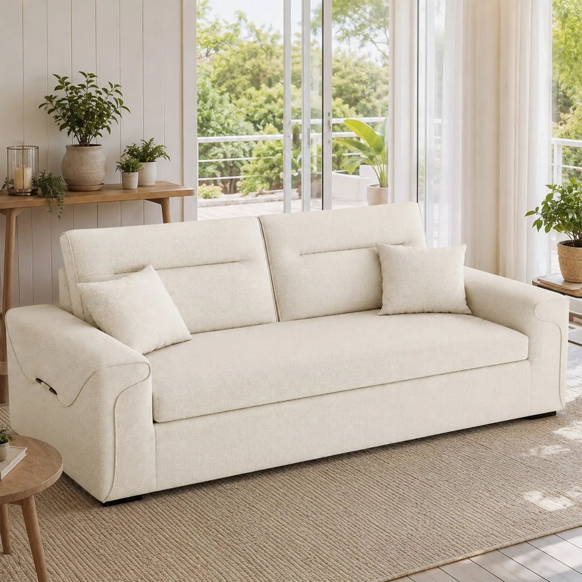 LIVARA Modern Fabric Sofa Cotton Linen Upholstery Latex Cushioning Solid Wood Frame 180/200cm for Living Room Apartment - White