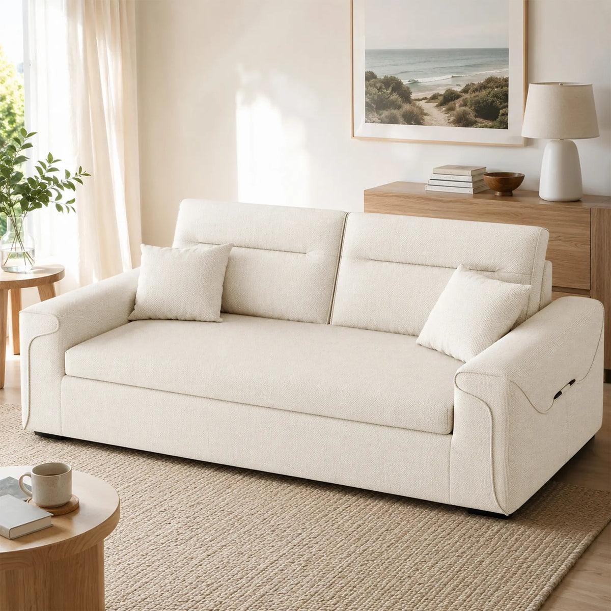 LIVARA Modern Fabric Sofa Cotton Linen Upholstery Latex Cushioning Solid Wood Frame 180/200cm for Living Room Apartment - White