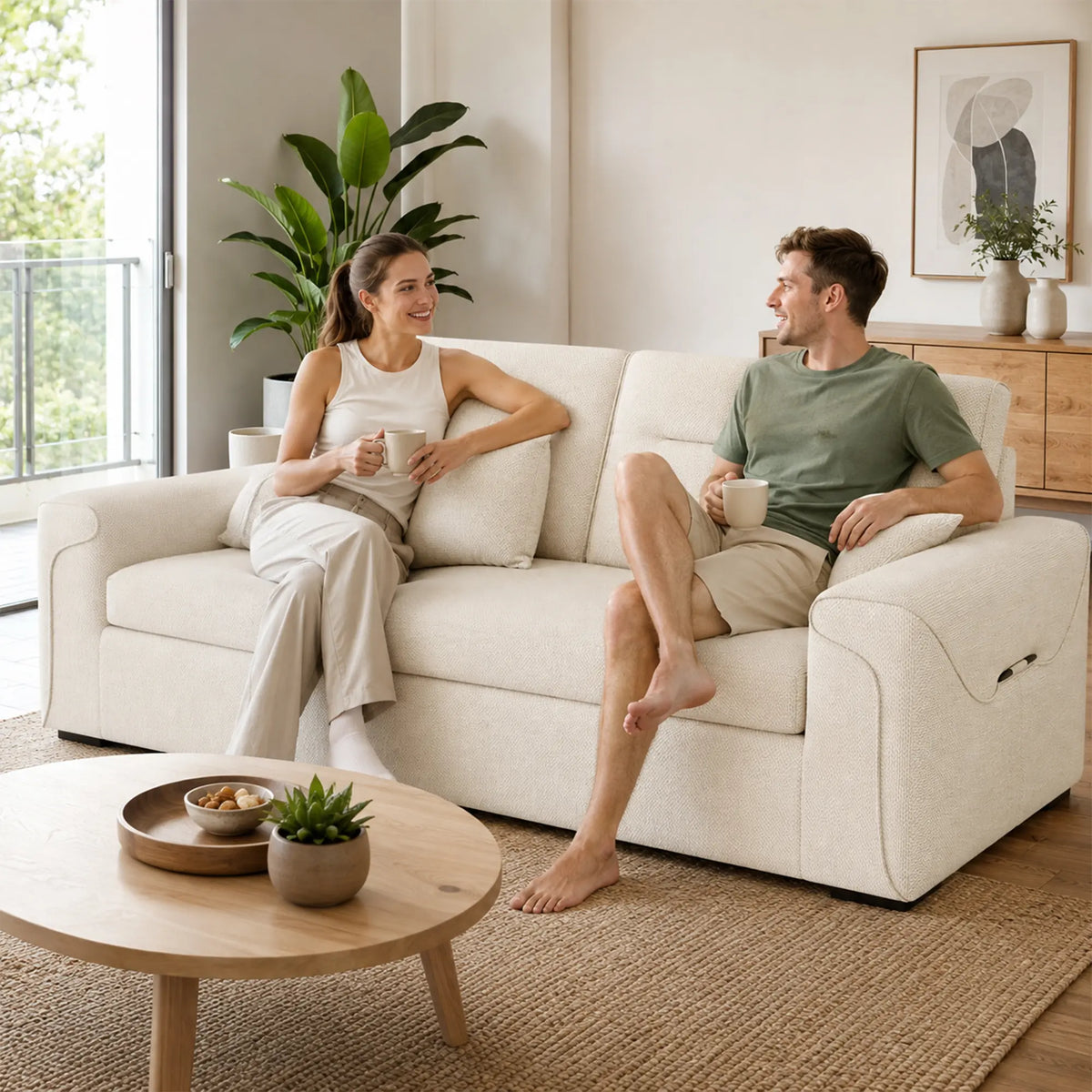 LIVARA Modern Fabric Sofa Cotton Linen Upholstery Latex Cushioning Solid Wood Frame 180/200cm for Living Room Apartment - White