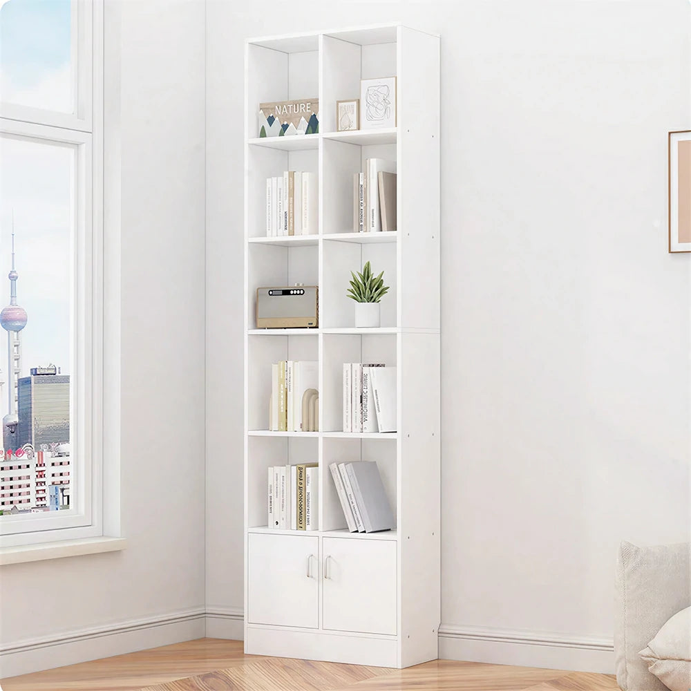 LIVARA Nordic Maple Bookcase 60/70cm - Multi-Tier Storage Cabinet with Doors & Back Panel for Living Room - White