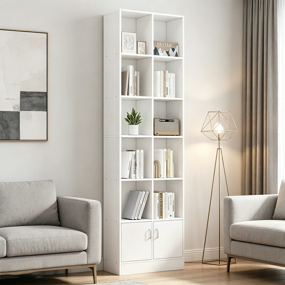 LIVARA Nordic Maple Bookcase 60/70cm - Multi-Tier Storage Cabinet with Doors & Back Panel for Living Room - White