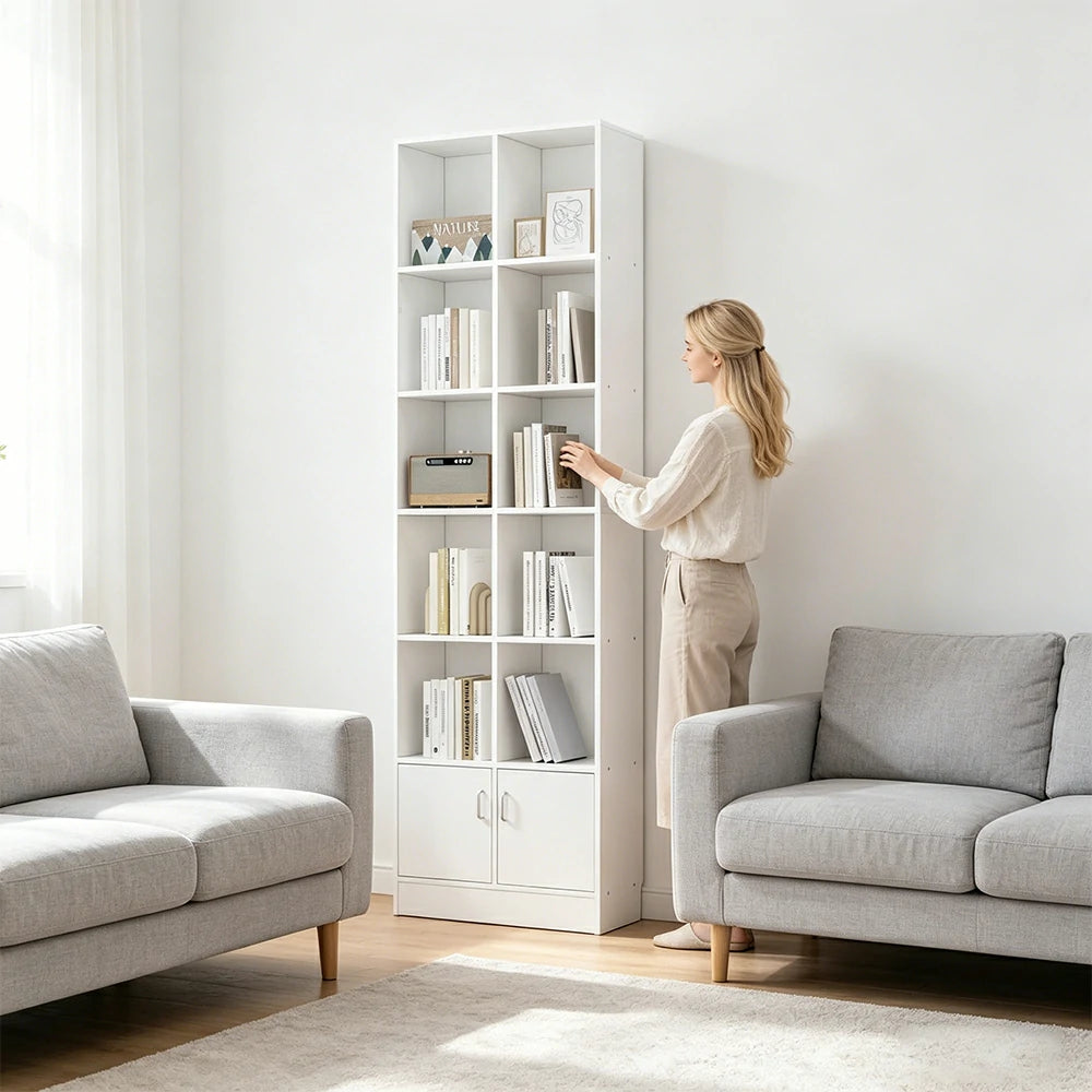LIVARA Nordic Maple Bookcase 60/70cm - Multi-Tier Storage Cabinet with Doors & Back Panel for Living Room - White