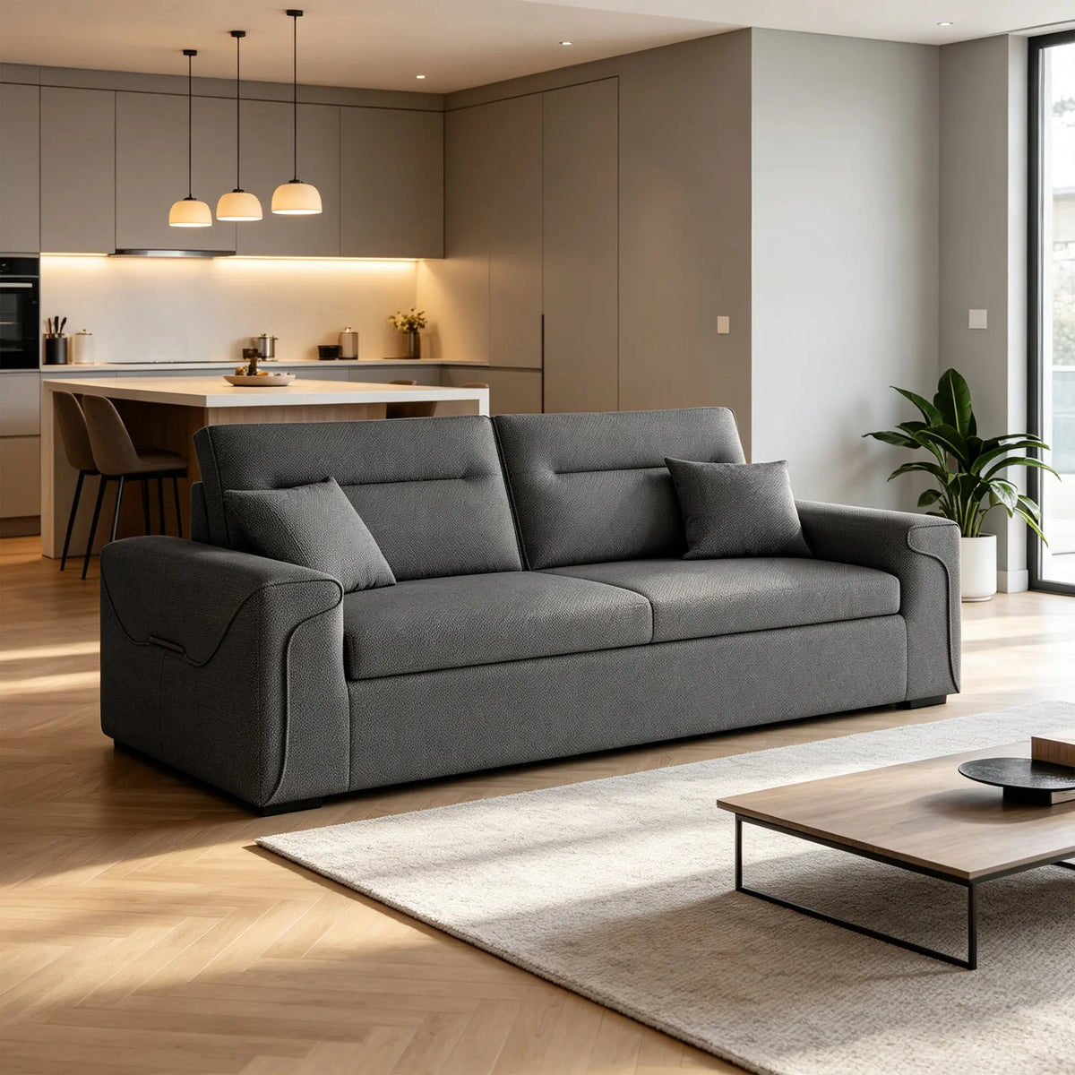LIVARA Modern Fabric Sofa Cotton Linen Upholstery Latex Cushioning Solid Wood Frame 180/200cm for Living Room Apartment - Grey