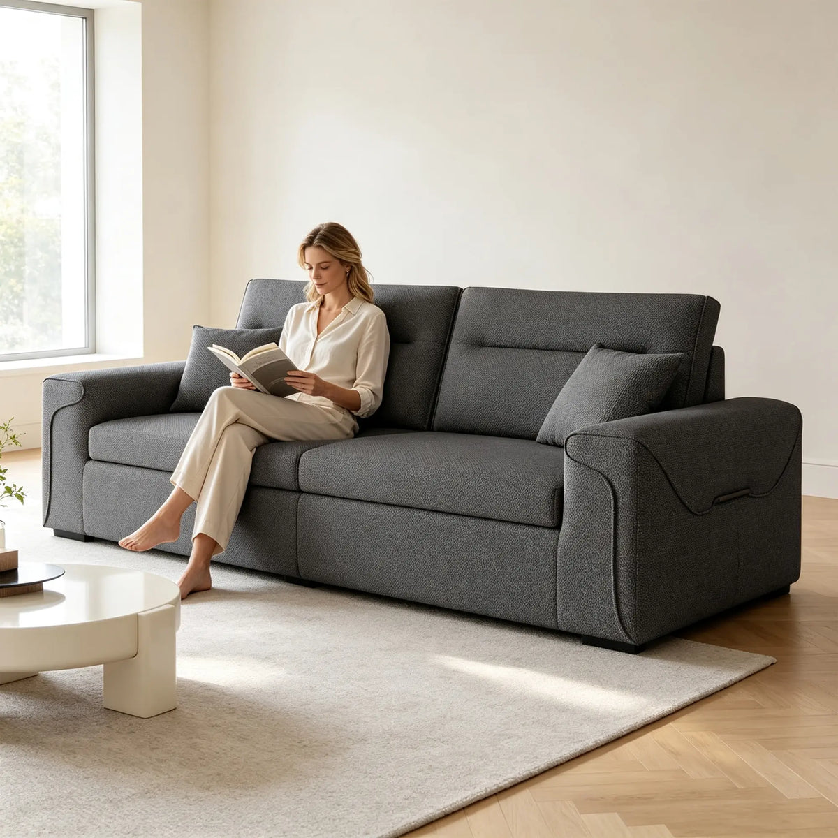 LIVARA Modern Fabric Sofa Cotton Linen Upholstery Latex Cushioning Solid Wood Frame 180/200cm for Living Room Apartment - Grey