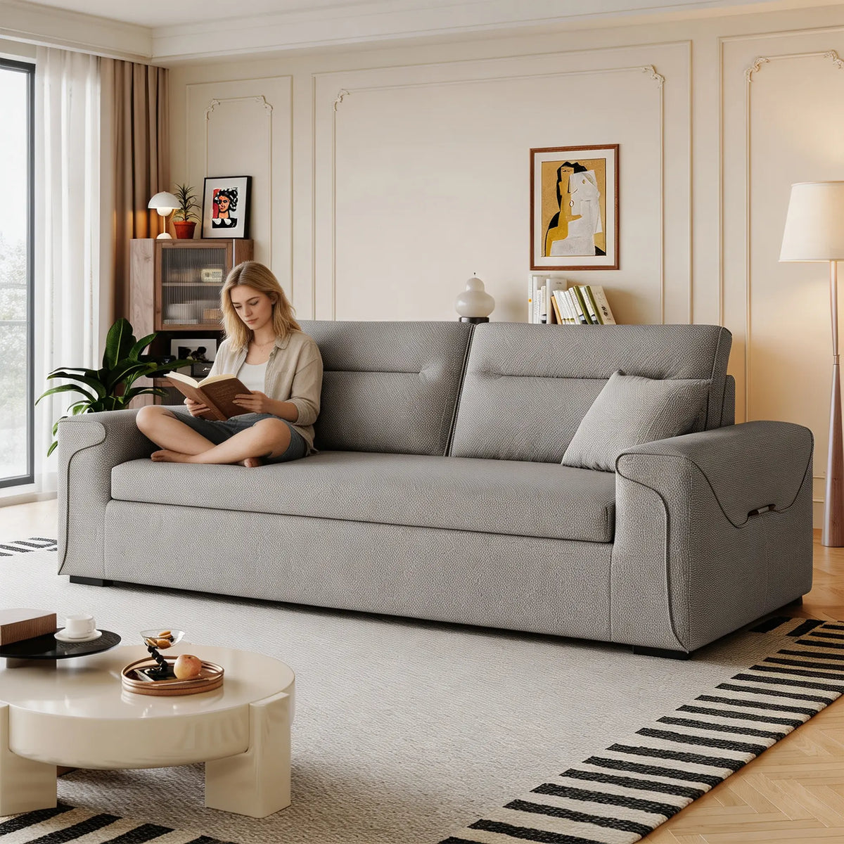 LIVARA Modern Fabric Sofa Cotton Linen Upholstery Latex Cushioning Solid Wood Frame 180/200cm for Living Room Apartment - Light Grey