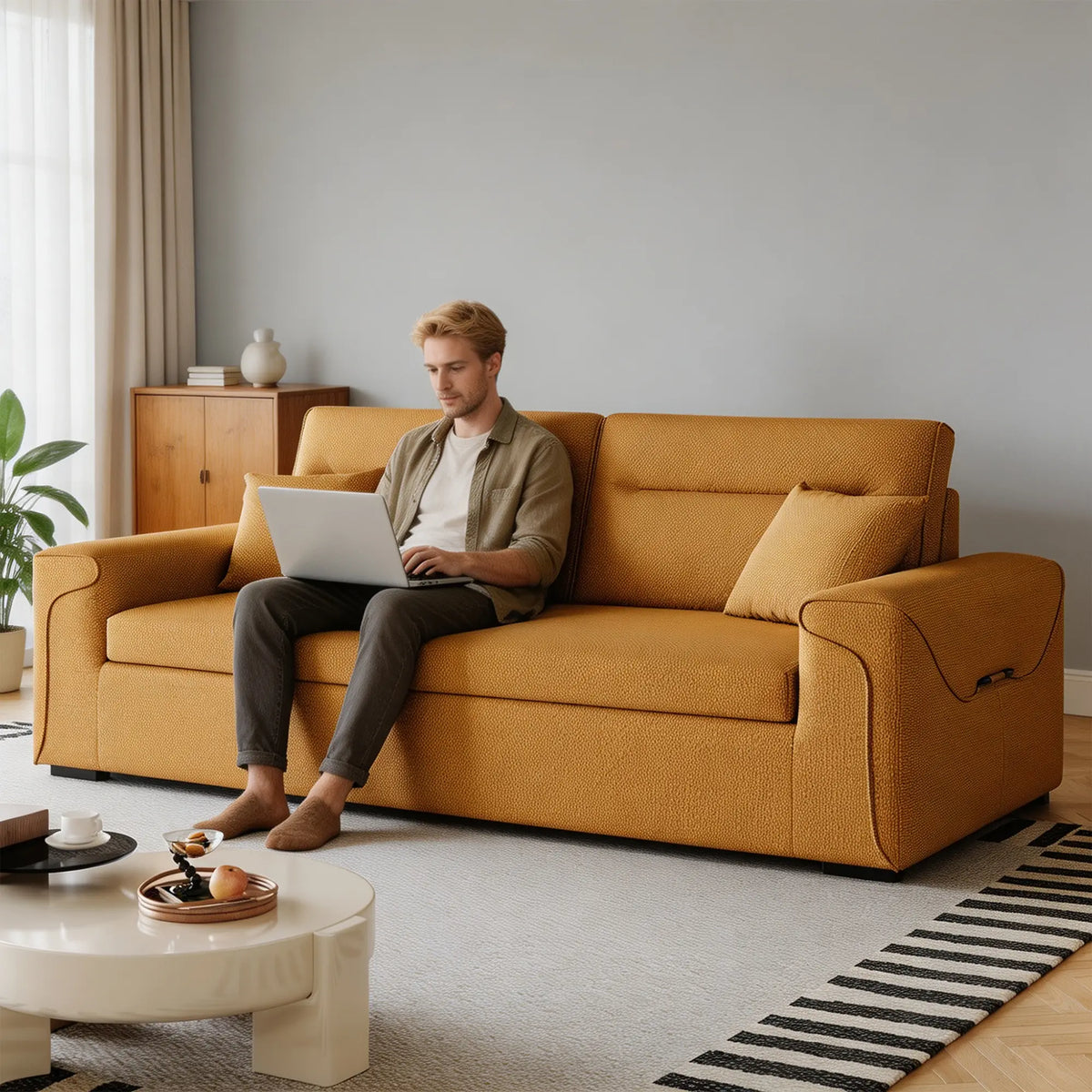 LIVARA Modern Fabric Sofa Cotton Linen Upholstery Latex Cushioning Solid Wood Frame 180/200cm for Living Room Apartment - Orange