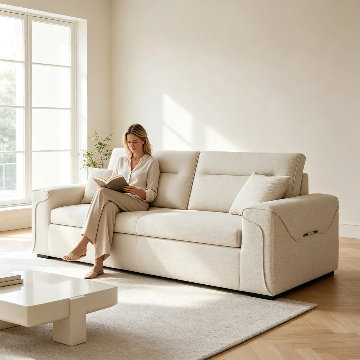 LIVARA Modern Fabric Sofa Cotton Linen Upholstery Latex Cushioning Solid Wood Frame 180/200cm for Living Room Apartment - Khaki
