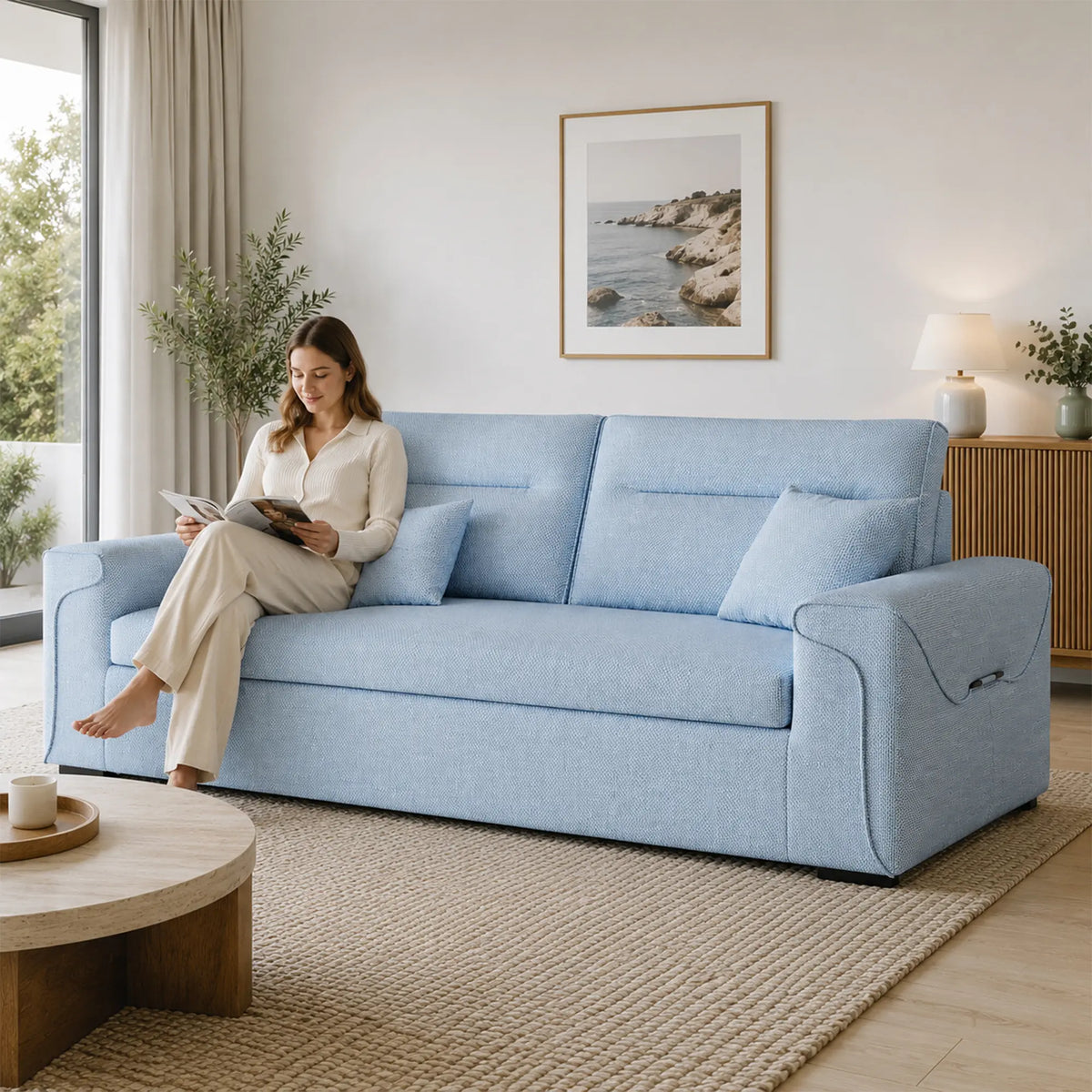 LIVARA Modern Fabric Sofa Cotton Linen Upholstery Latex Cushioning Solid Wood Frame 180/200cm for Living Room Apartment - Blue