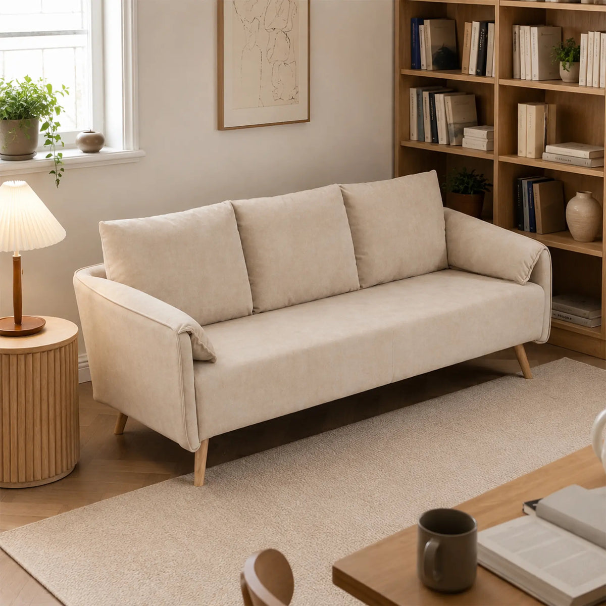 LIVARA Modern Sofa Cat Scratch Resistant Fabric Spring Seat Solid Wood Frame 115/165cm for Living Room Apartment Lounge - Khaki