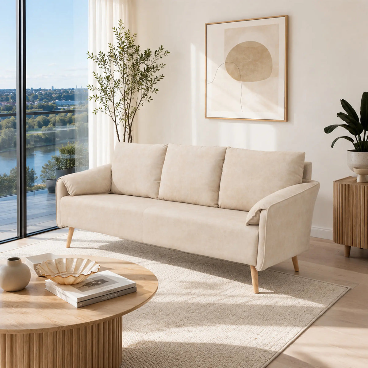 LIVARA Modern Sofa Cat Scratch Resistant Fabric Spring Seat Solid Wood Frame 115/165cm for Living Room Apartment Lounge - Khaki