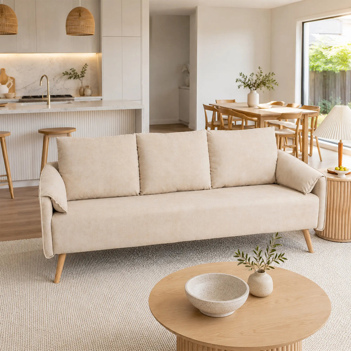 LIVARA Modern Sofa Cat Scratch Resistant Fabric Spring Seat Solid Wood Frame 115/165cm for Living Room Apartment Lounge - Khaki
