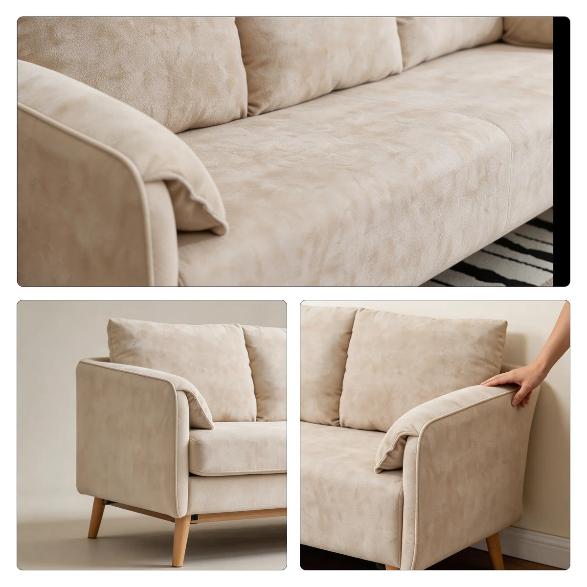 LIVARA Modern Sofa Cat Scratch Resistant Fabric Spring Seat Solid Wood Frame 115/165cm for Living Room Apartment Lounge - Khaki