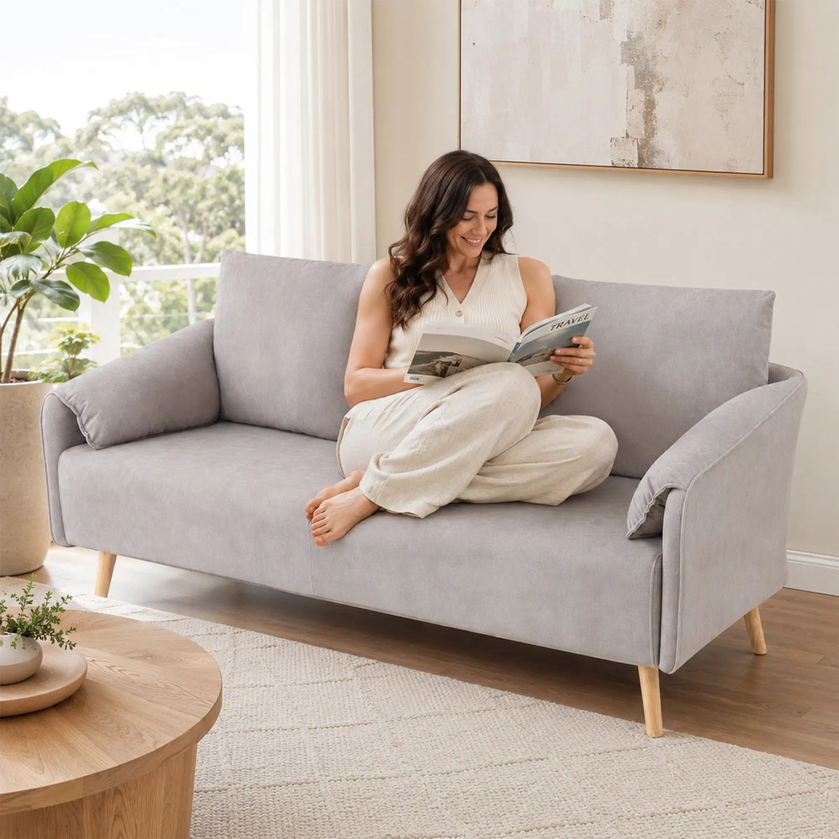LIVARA Modern Sofa Cat Scratch Resistant Fabric Spring Seat Solid Wood Frame 115/165cm for Living Room Apartment Lounge - Light Grey