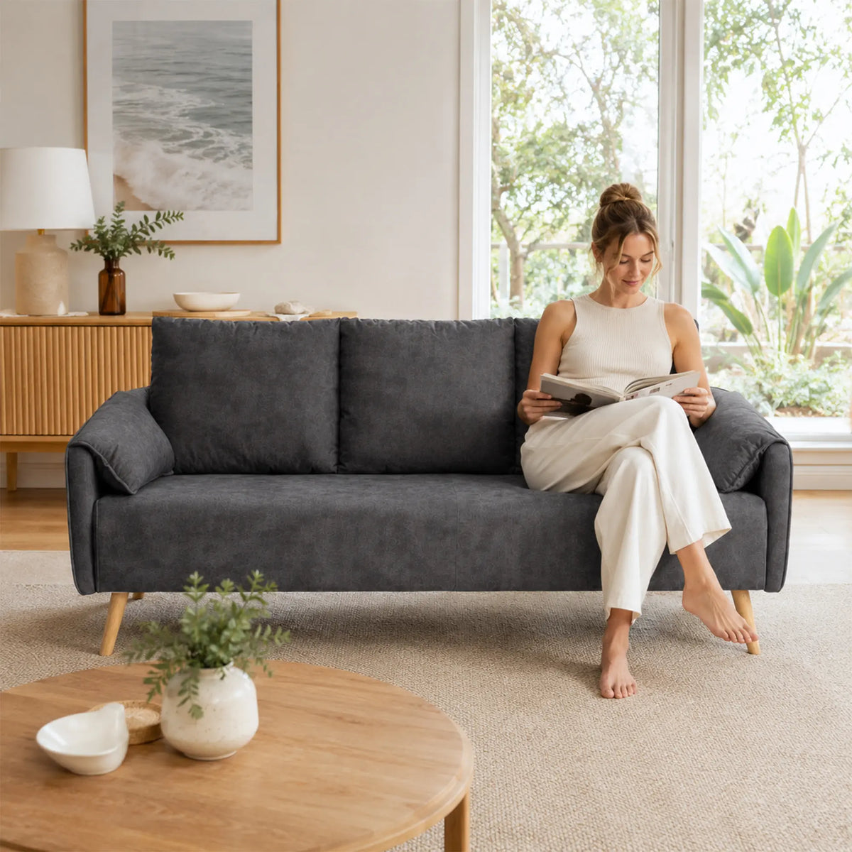 LIVARA Modern Sofa Cat Scratch Resistant Fabric Spring Seat Solid Wood Frame 115/165cm for Living Room Apartment Lounge - Grey