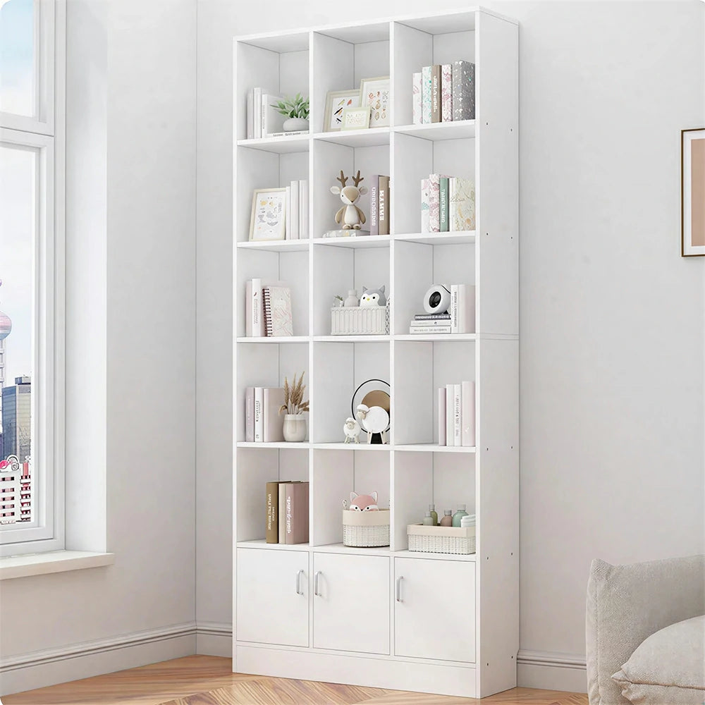 LIVARA Nordic Maple Bookcase 90/105cm - Multi-Tier Storage Cabinet with Doors & Back Panel for Living Room - White