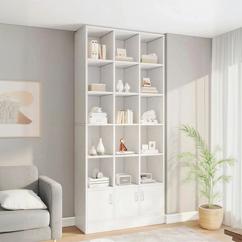 LIVARA Nordic Maple Bookcase 90/105cm - Multi-Tier Storage Cabinet with Doors & Back Panel for Living Room - White