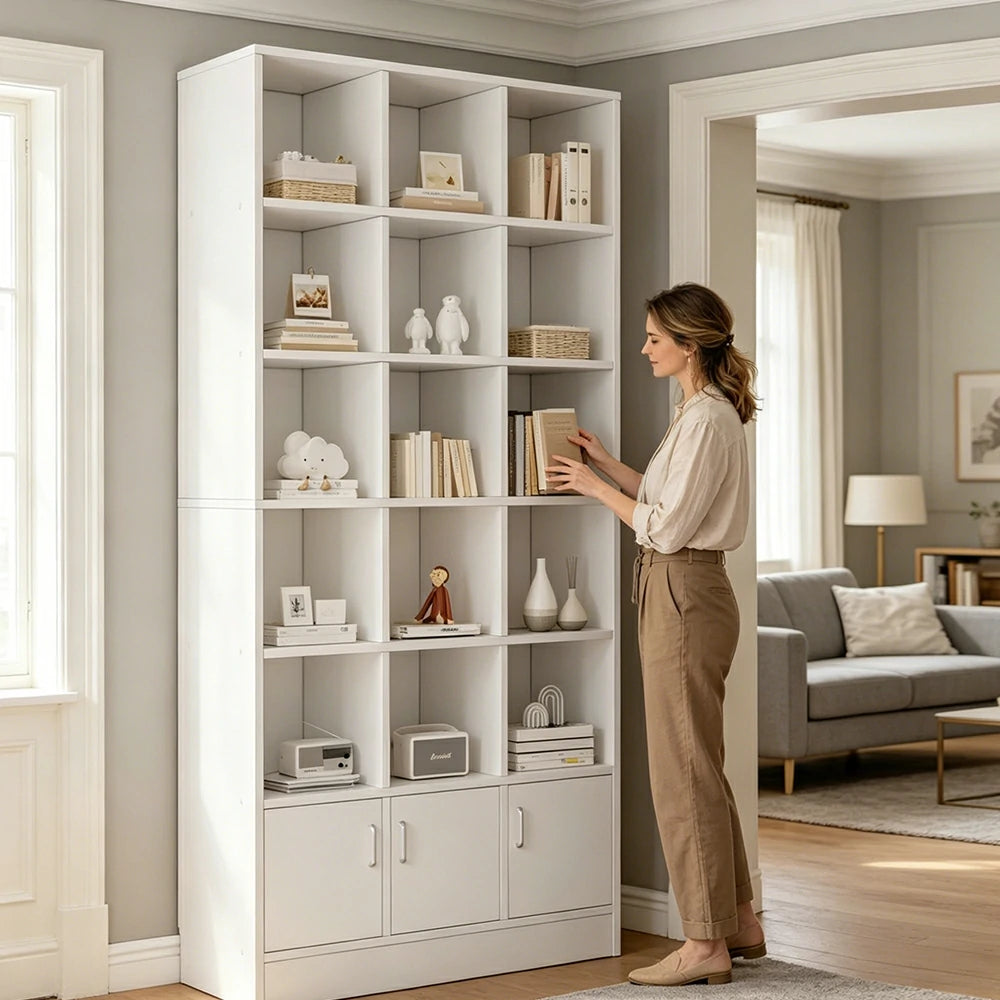 LIVARA Nordic Maple Bookcase 90/105cm - Multi-Tier Storage Cabinet with Doors & Back Panel for Living Room - White