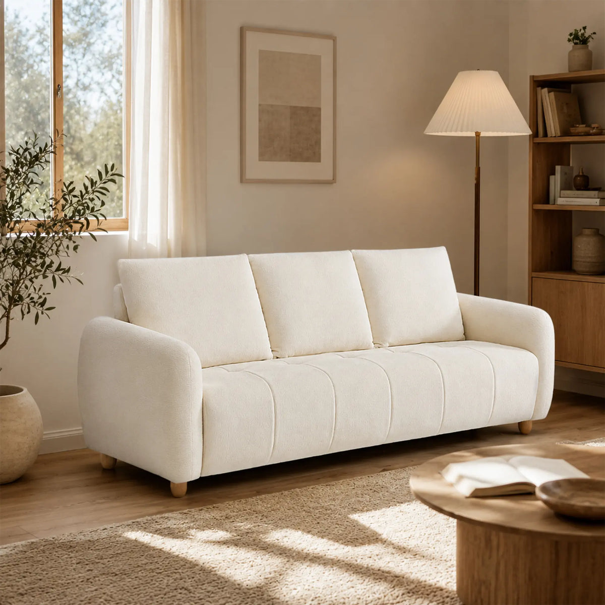LIVARA Compact 3 Seater Sofa Lambswool Upholstery High Resilience Cushioning Pet Friendly Design for Small Living Room Apartment - White