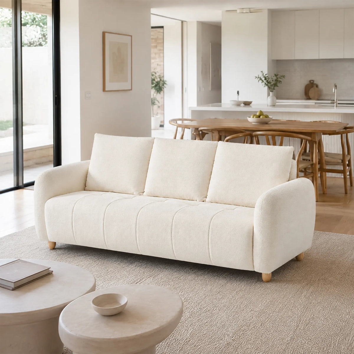 LIVARA Compact 3 Seater Sofa Lambswool Upholstery High Resilience Cushioning Pet Friendly Design for Small Living Room Apartment - White