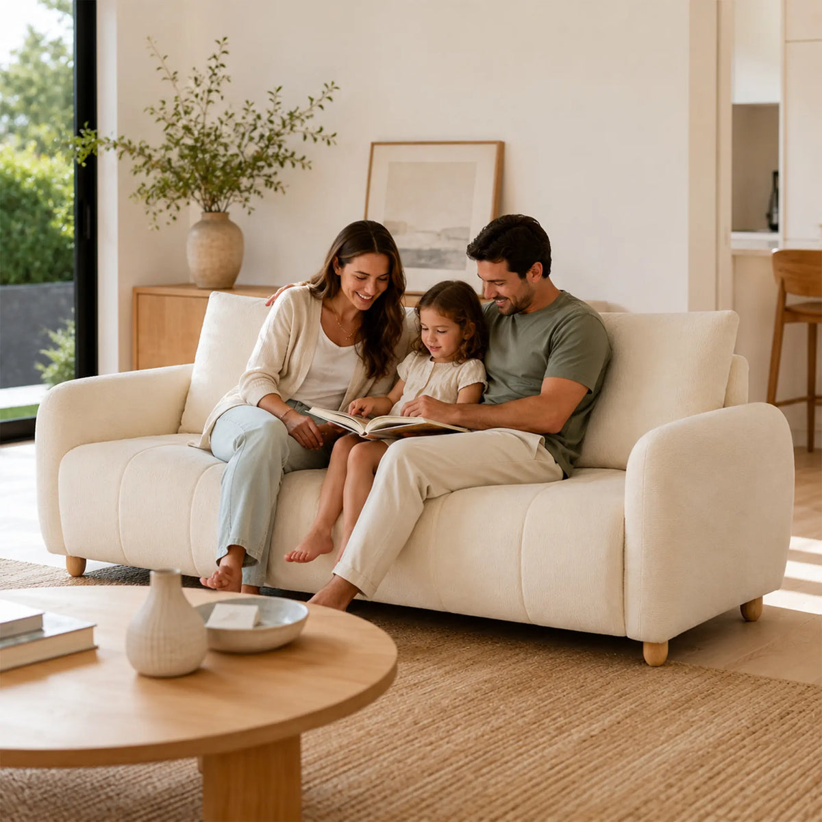 LIVARA Compact 3 Seater Sofa Lambswool Upholstery High Resilience Cushioning Pet Friendly Design for Small Living Room Apartment - White