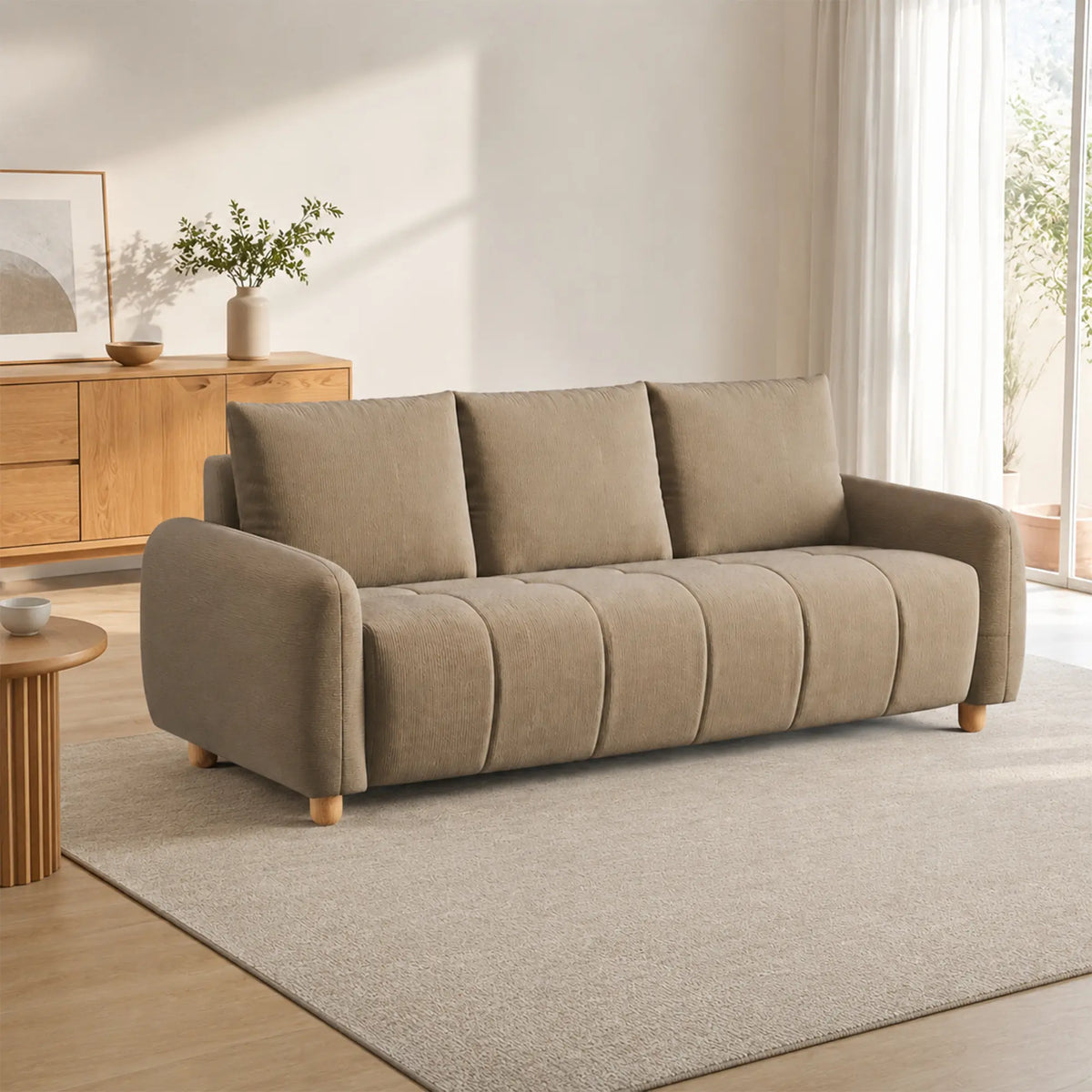 LIVARA Compact 3 Seater Sofa Lambswool Upholstery High Resilience Cushioning Pet Friendly Design for Small Living Room Apartment - Coffee