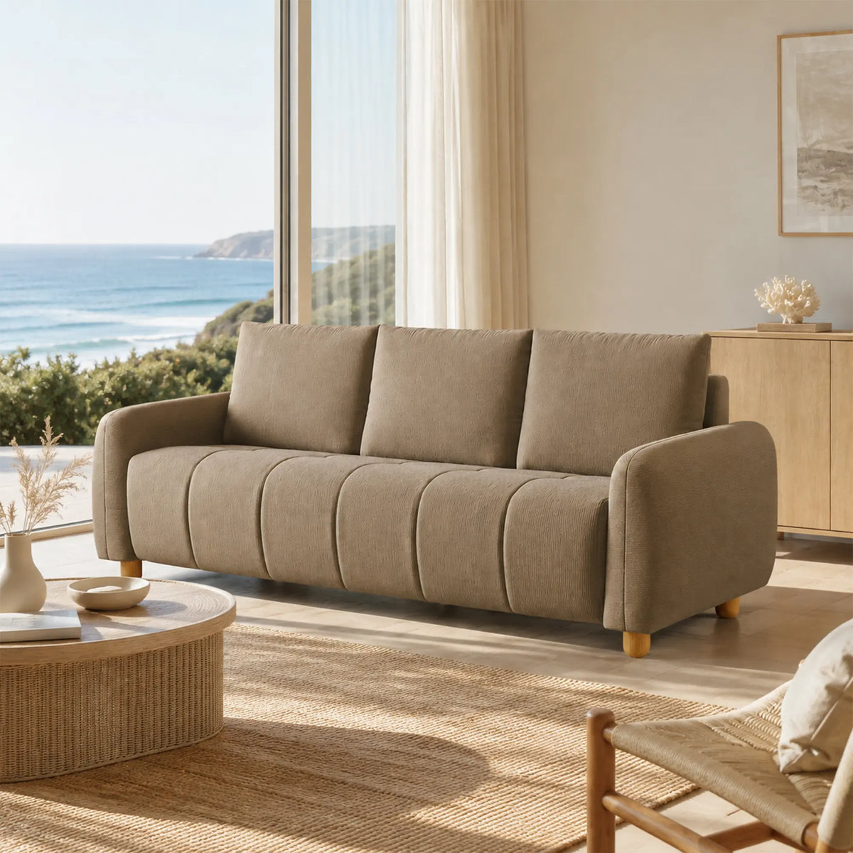 LIVARA Compact 3 Seater Sofa Lambswool Upholstery High Resilience Cushioning Pet Friendly Design for Small Living Room Apartment - Coffee