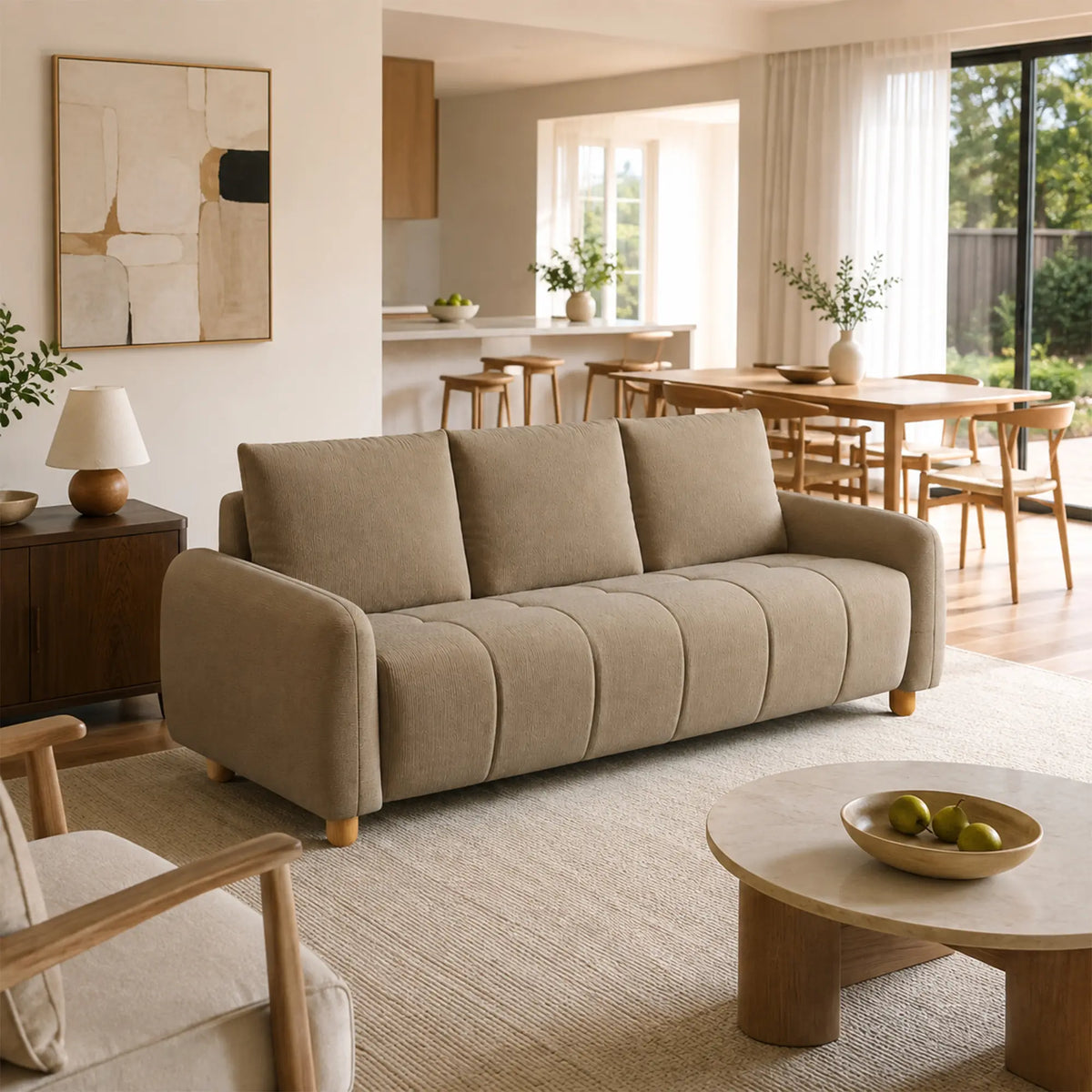 LIVARA Compact 3 Seater Sofa Lambswool Upholstery High Resilience Cushioning Pet Friendly Design for Small Living Room Apartment - Coffee