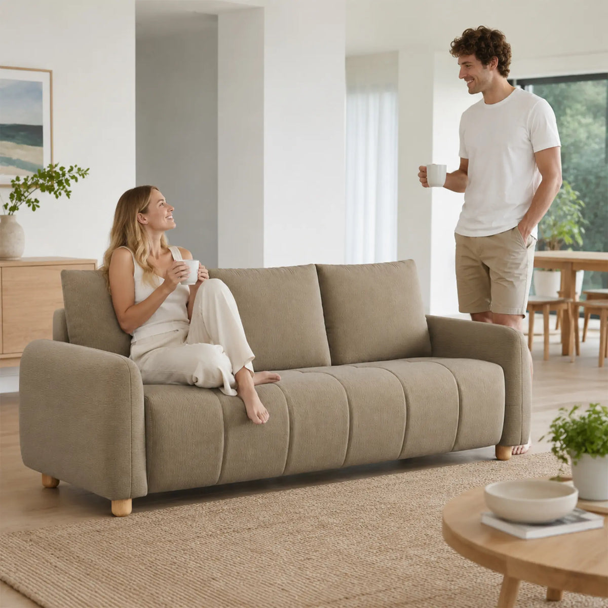LIVARA Compact 3 Seater Sofa Lambswool Upholstery High Resilience Cushioning Pet Friendly Design for Small Living Room Apartment - Coffee