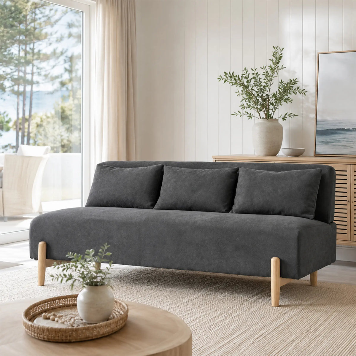 LIVARA Modern 3 Seater Sofa Cotton Linen Upholstery Solid Wood Frame High Rebound Cushions for Living Room Apartment Lounge - Grey