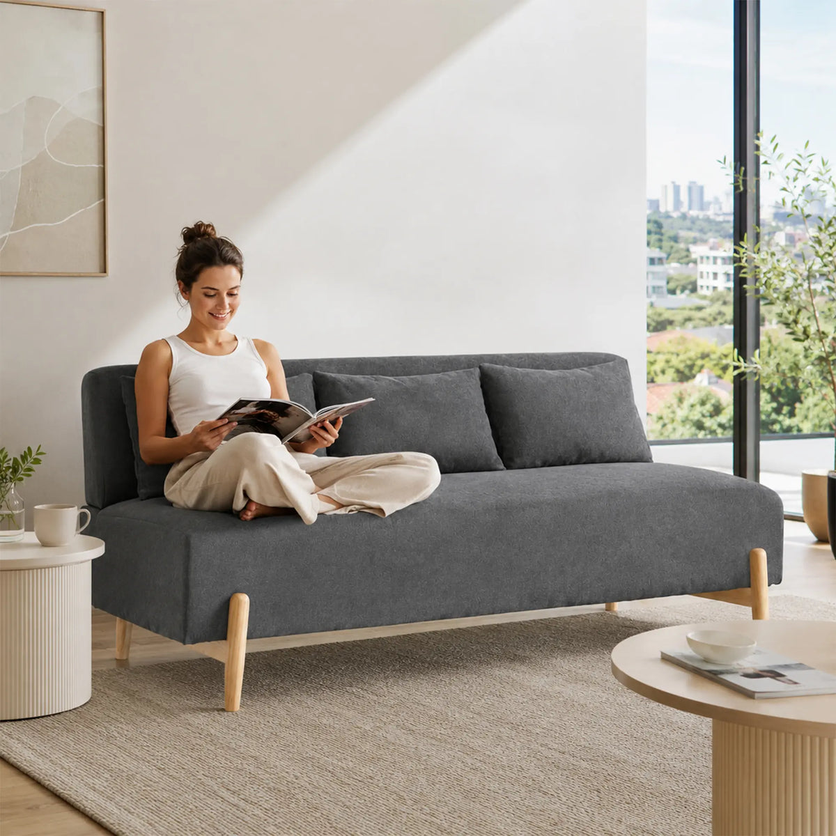 LIVARA Modern 3 Seater Sofa Cotton Linen Upholstery Solid Wood Frame High Rebound Cushions for Living Room Apartment Lounge - Grey