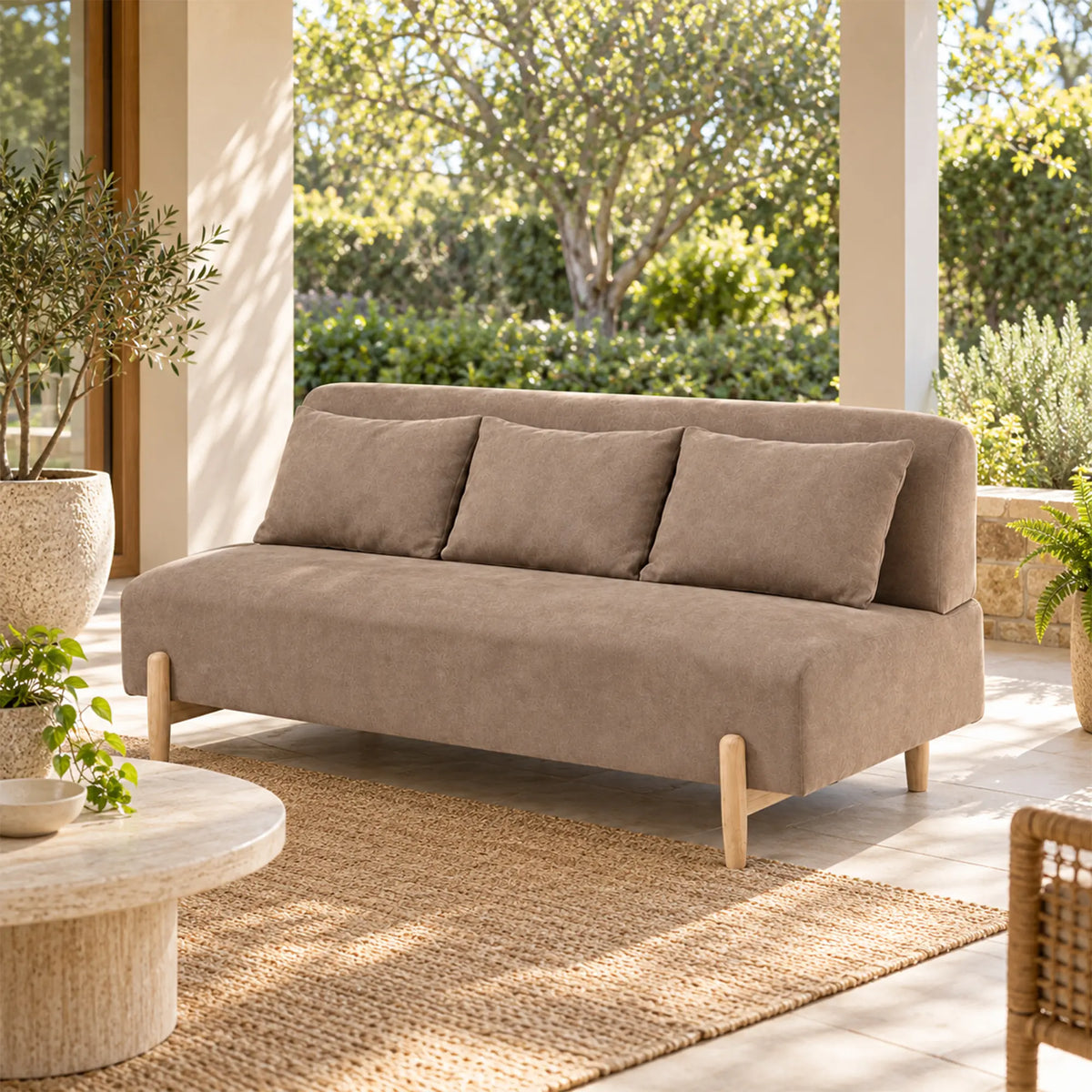 LIVARA Modern 3 Seater Sofa Cotton Linen Upholstery Solid Wood Frame High Rebound Cushions for Living Room Apartment Lounge - Khaki