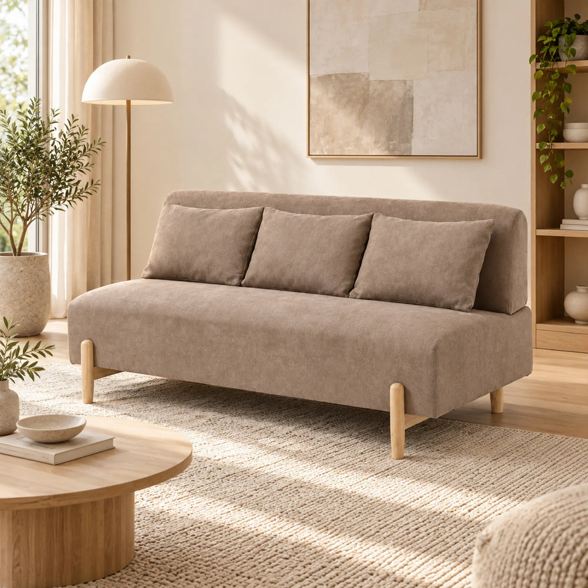 LIVARA Modern 3 Seater Sofa Cotton Linen Upholstery Solid Wood Frame High Rebound Cushions for Living Room Apartment Lounge - Khaki
