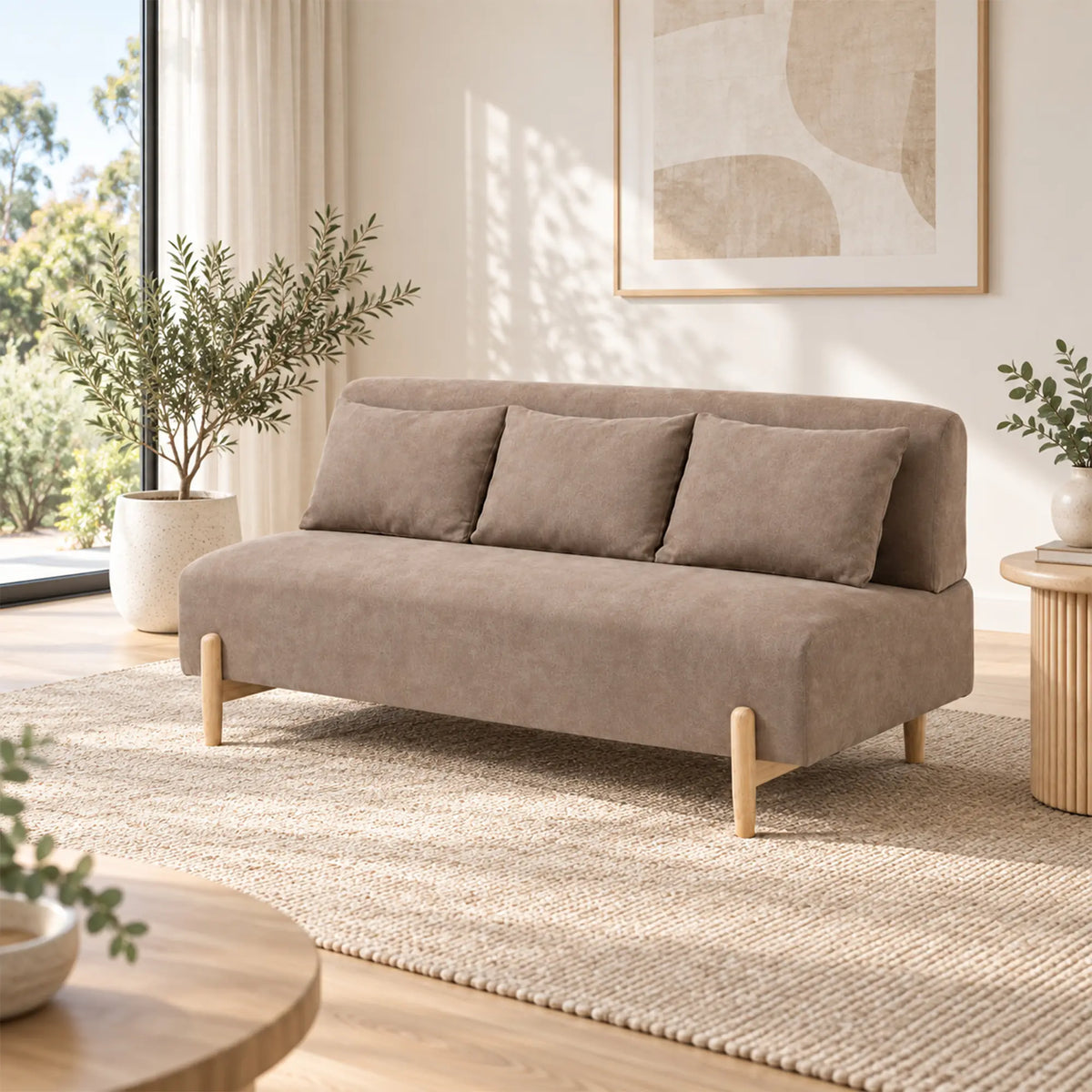 LIVARA Modern 3 Seater Sofa Cotton Linen Upholstery Solid Wood Frame High Rebound Cushions for Living Room Apartment Lounge - Khaki