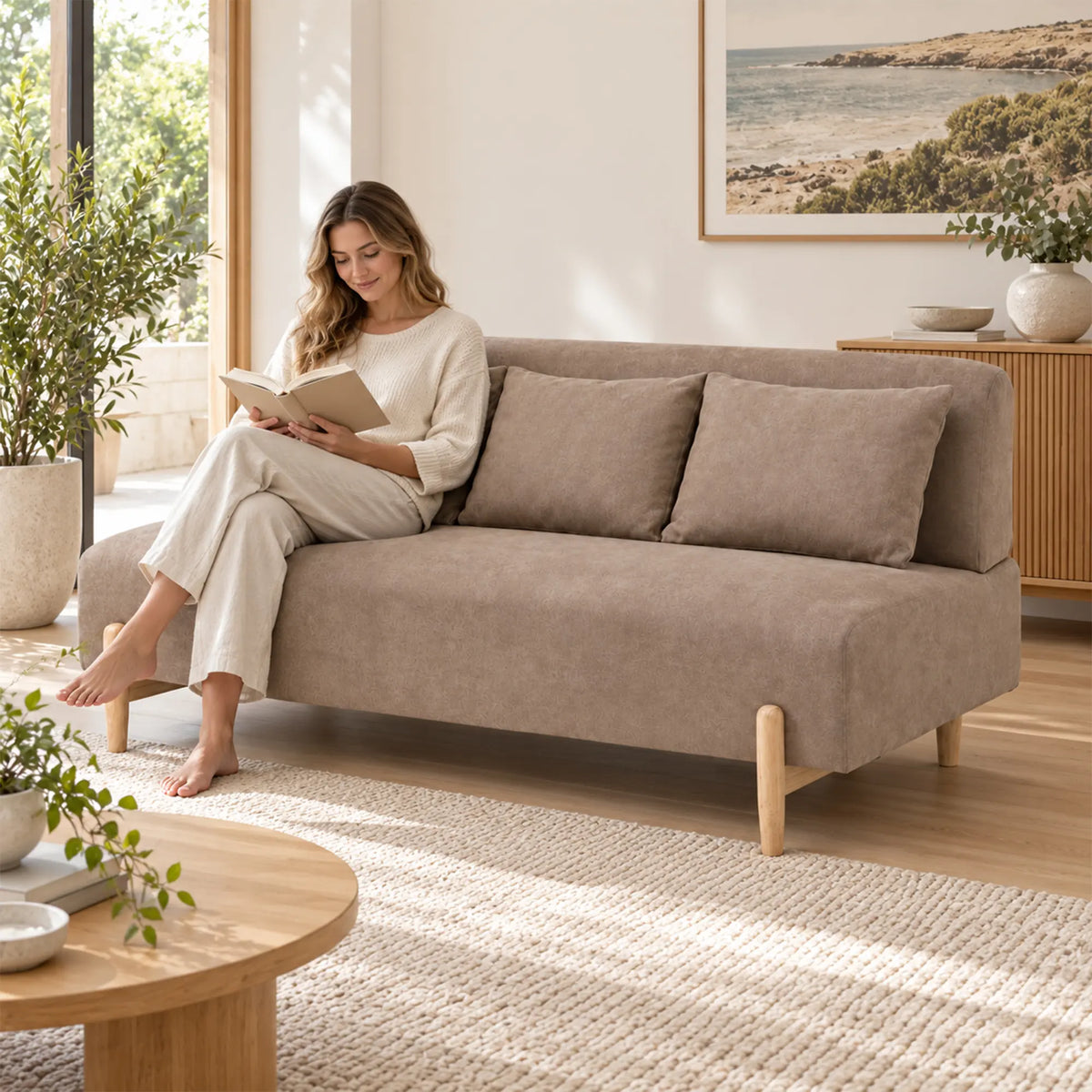 LIVARA Modern 3 Seater Sofa Cotton Linen Upholstery Solid Wood Frame High Rebound Cushions for Living Room Apartment Lounge - Khaki