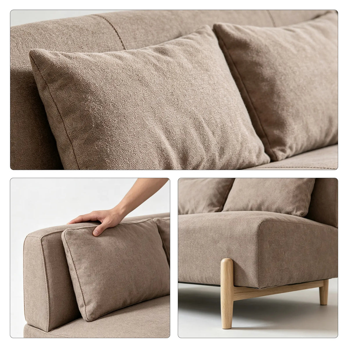 LIVARA Modern 3 Seater Sofa Cotton Linen Upholstery Solid Wood Frame High Rebound Cushions for Living Room Apartment Lounge - Khaki