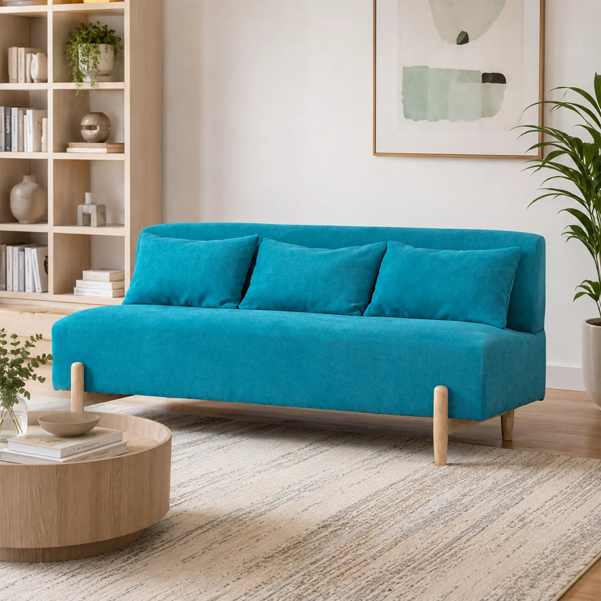 LIVARA Modern 3 Seater Sofa Cotton Linen Upholstery Solid Wood Frame High Rebound Cushions for Living Room Apartment Lounge - Blue