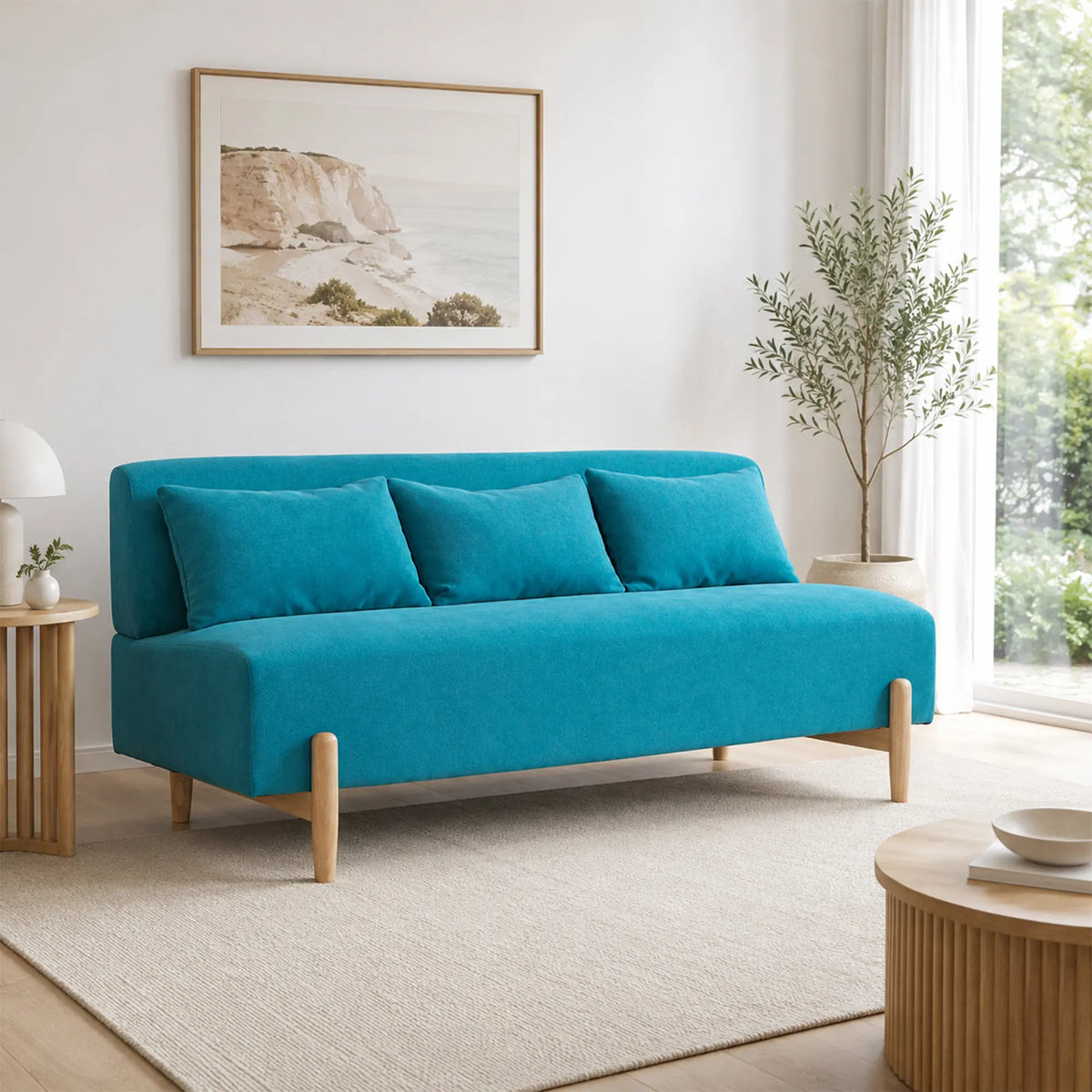 LIVARA Modern 3 Seater Sofa Cotton Linen Upholstery Solid Wood Frame High Rebound Cushions for Living Room Apartment Lounge - Blue