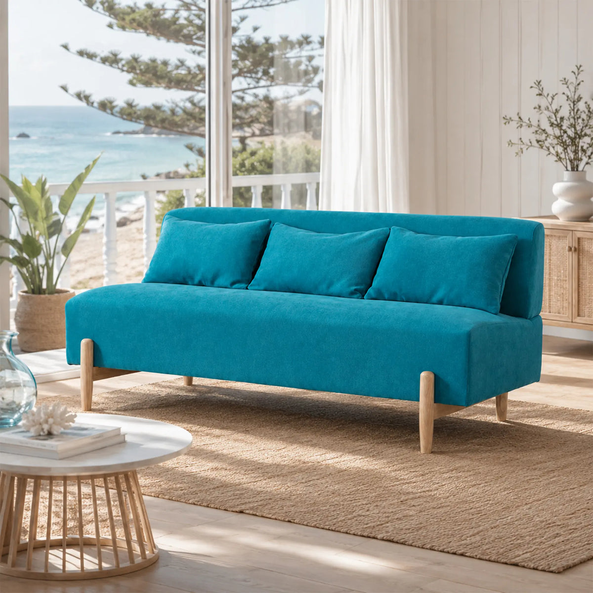 LIVARA Modern 3 Seater Sofa Cotton Linen Upholstery Solid Wood Frame High Rebound Cushions for Living Room Apartment Lounge - Blue