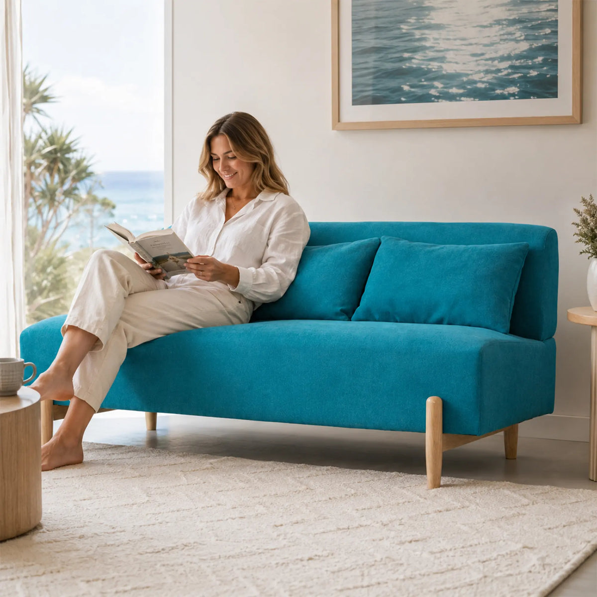 LIVARA Modern 3 Seater Sofa Cotton Linen Upholstery Solid Wood Frame High Rebound Cushions for Living Room Apartment Lounge - Blue