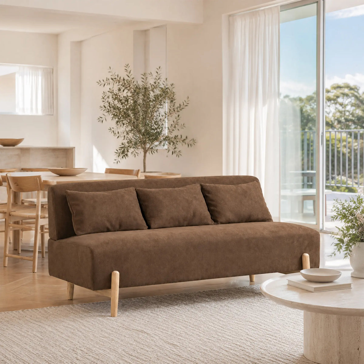 LIVARA Modern 3 Seater Sofa Cotton Linen Upholstery Solid Wood Frame High Rebound Cushions for Living Room Apartment Lounge - Coffee